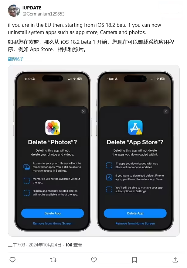 兴隆华侨农场苹果手机维修分享iOS 18.2 支持删除 App Store 应用商店 