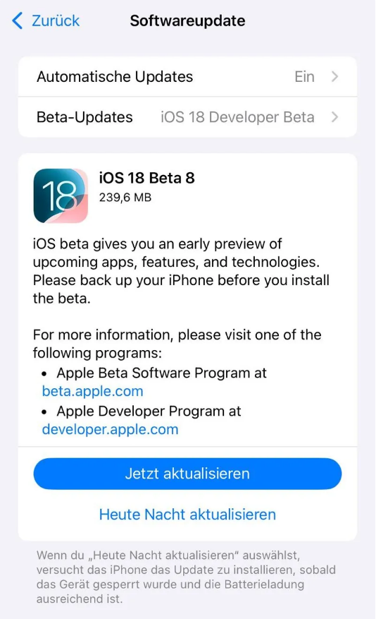 兴隆华侨农场苹果手机维修分享苹果 iOS / iPadOS 18 开发者预览版 Beta 8 发布 